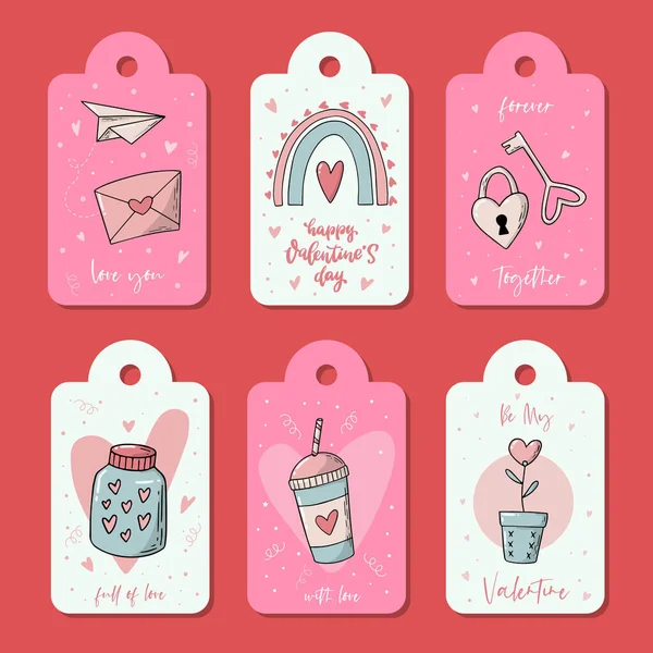 Set Valentines Day Tags Labels Decorated Lettering Quotes Doodles Good — ストックベクタ