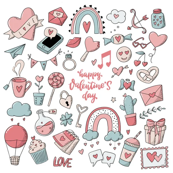 Cute Set Valentine Day Doodles Clipart Isolated White Background Good —  Vetores de Stock