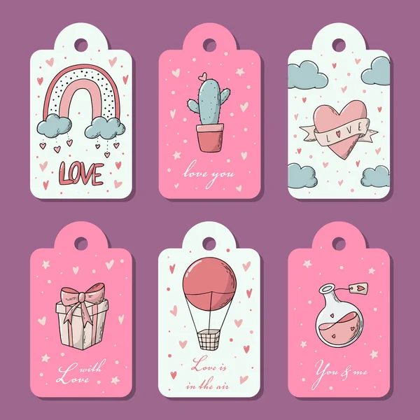 Set Valentines Day Tags Labels Decorated Lettering Quotes Doodles Good — Stockvektor
