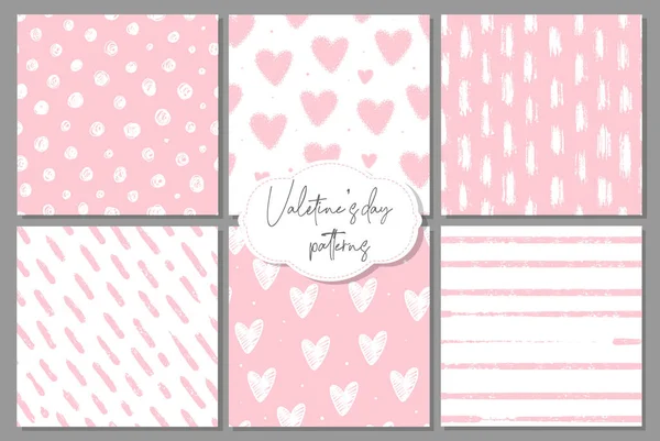 ブラシストロークと心で装飾された6バレンタインデーのシームレスなパターンのセット 包装紙 プリント アパレル スクラップブッキング 壁紙などに適しています Eps — ストックベクタ