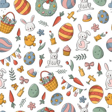 Bahar, paskalya desenleri, el çizimi kağıtlar, duvar kağıtları, çocuk tekstil baskıları, yapıştırma kitapları, durağanlar, arka planlar vb. EPS 10