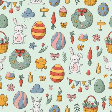 Paskalya desensiz, el çizimi karalamalar. Posterler, baskılar, ambalaj kağıtları, yapıştırma defterleri, kırtasiye, tekstil, arka planlar vs. için iyidir. EPS 10