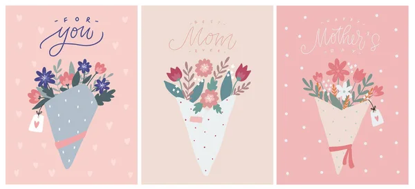 Σετ Ευχετήριες Κάρτες Για Την Ημέρα Της Μητέρας Διακοσμημένες Γράμματα — Διανυσματικό Αρχείο