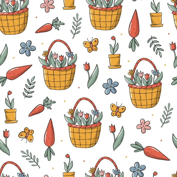 Frühling Ostern Nahtlose Muster Mit Handgezeichneten Kritzeleien Gruseliges Thema Geschenkpapier — Stockvektor