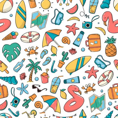 Beyaz arka planda karalamalar olan kusursuz yaz deseni. Çocuk kıyafetleri, tekstil baskıları, duvar kağıtları, ambalaj kağıtları, hatıra defterleri, kırtasiyeler vs. için iyidir. EPS 10