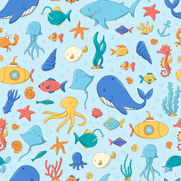 Ozean Und Meer Nahtlose Muster Mit Kritzeleien Cartoon Und Kawaii — Stockvektor