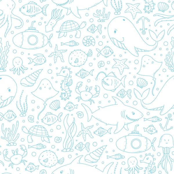 Seamless Pattern Sea Life Doodles Elements White Backgrouhd Good Wrapping — Stock Vector