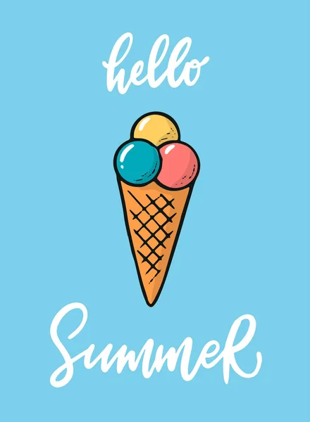 Summer Lettering Quote Hello Summer Decorated Ice Cream Doodle Good — ストックベクタ