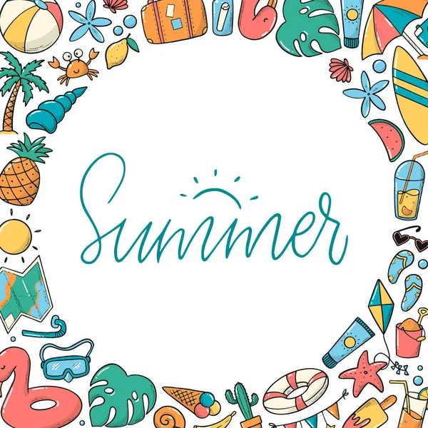 Summer Lettering Quote Decorated Frame Hand Drawn Doodles Good Templates — ストックベクタ