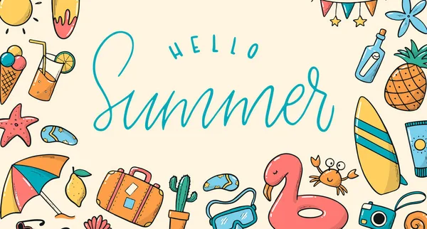 Horizontales Sommerbanner Mit Kritzeleien Und Schriftzügen Gut Für Poster Grußkarten — Stockvektor