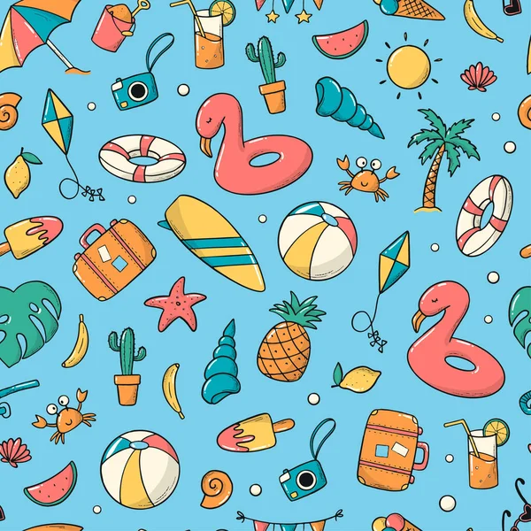 Mavi arka planda el çizimleri olan kusursuz yaz deseni. Paket kağıdı, yapıştırma kitabı, kırtasiye, duvar kağıdı, arka plan, tekstil baskısı, çocuk kıyafetleri vs. için iyi. EPS 10