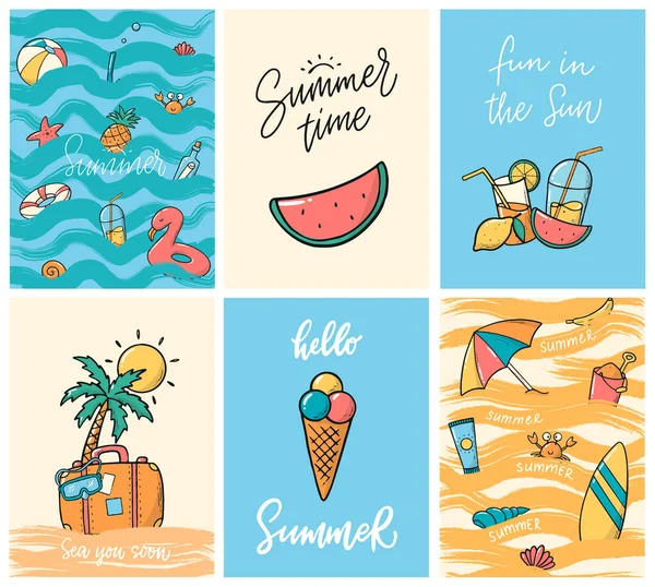 Set Von Sommer Grußkarten Postern Drucken Mit Schriftzügen Und Kritzeleien — Stockvektor