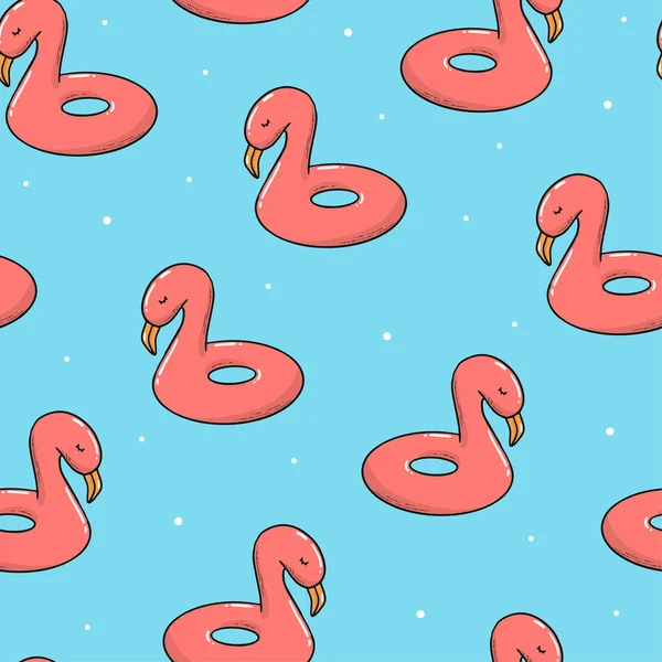 Sommer Nahtloses Muster Mit Handgezeichneten Flamingoringen Auf Blauem Hintergrund Gut — Stockvektor