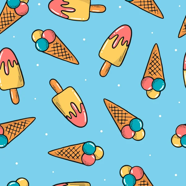 Nahtloses Muster Mit Doodle Eis Auf Blauem Hintergrund Sommer Textildruck — Stockvektor