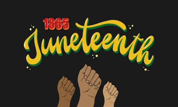 Juneteenth 1865 lettering quote decorated with risen hands on black background. Good for posters, prints, cards, apparel decor, etc. Black history month theme. EPS 10