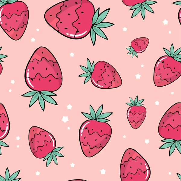 Cute Seamless Pattern Strawberries Stars Pink Background Nursery Textile Print — Stock Vector