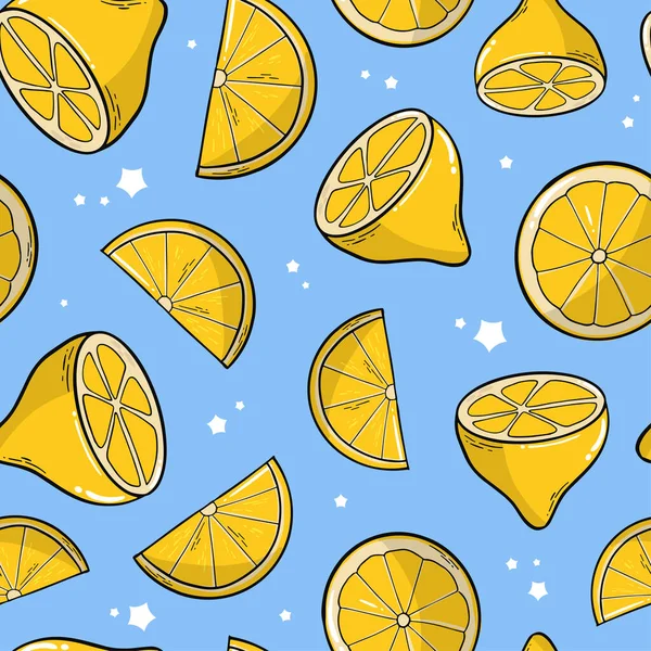 Seamless Pattern Hand Drawn Lemons Blue Background Good Wrapping Paper — Stock Vector