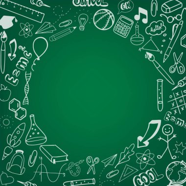 creative round frame created from hand drawn school supplies on green background, imitation of chalkboard. Good for posters, banners, cards, prints, sale cards templates. EPS 10