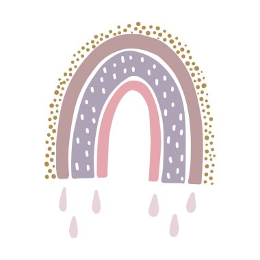 Beyaz arka planda izole edilmiş gökkuşağı olan bir bebek odası posteri. Çocuk kıyafetleri, çıkartmalar, moda, tebrik kartları, afişler, afişler vs. için iyidir. EPS 10