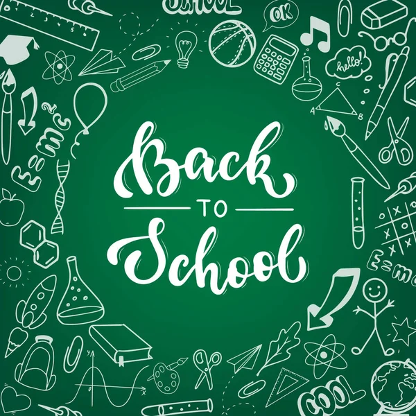 cute hand lettering quote 'Back to school' on green chalkboard background decorated by frame of hand drawn school doodles. Perfect for posters, banners, sale prints, etc. EPS 10