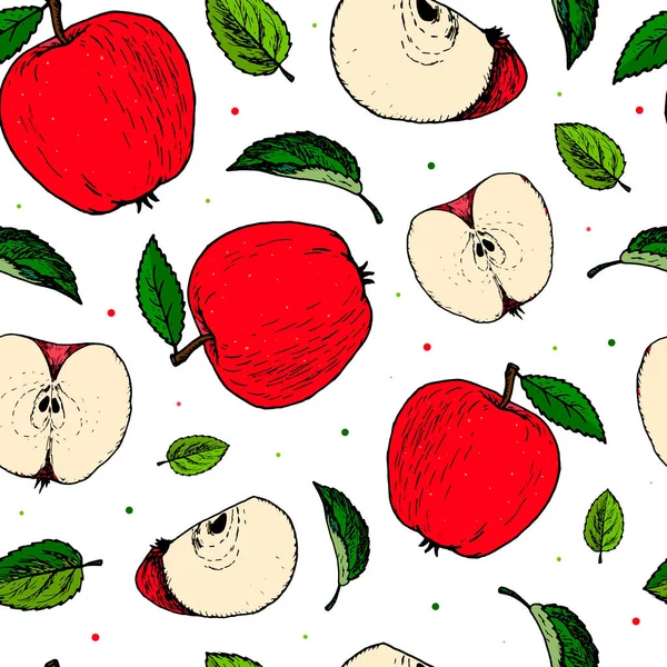 Seamless Pattern Red Apples Leaves White Background Good Textile Fabric — Stock Vector