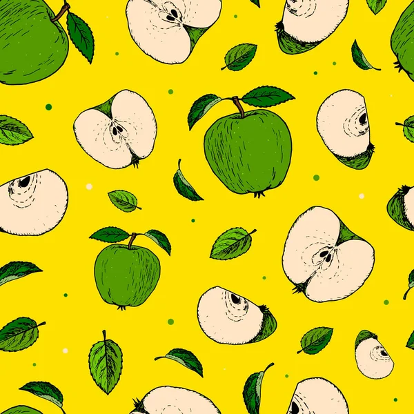 Seamless Pattern Hand Drawn Green Apples Yellow Background Good Textile — Stock Vector