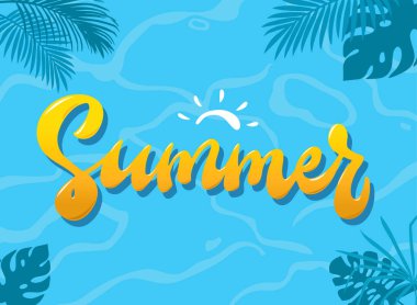 Yaz afişi, poster, tebrik kartı, imza, çıkartma, şablon, broşür tasarımı. Su yüzeyinde tropikal yapraklarla deokratlaştırılmış harfler. EPS 10