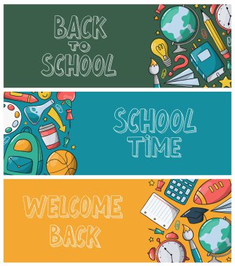 Karalama ve alıntılarla süslenmiş okul afişleri. Okul temasına dönelim. Yer imleri, posterler, baskılar, broşürler, kartlar, şablonlar için iyi. EPS 10