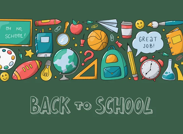 Schoolbanner Met Opschrift Terug Naar School Kleurrijke Rand Van Doodles — Stockvector