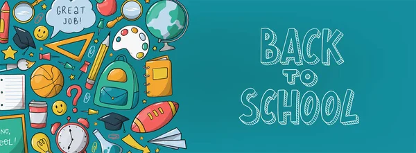 Okul pankartı karalamalar ve harflerle süslenmiş. Şablonlar, sosyal medya tasarımı, baskılar, kartlar, davetiyeler, yer imleri, satış tasarımı vb. EPS 10