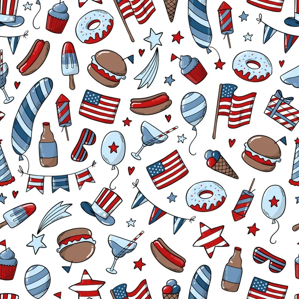 Ambalaj kağıdı, yapıştırma kitabı, tekstil baskıları, duvar kağıdı, staj, tatil dekorasyonu için beyaz arka planda karalamaları olan kusursuz Amerikan deseni. 4 Temmuz, Bağımsızlık Günü teması. EPS 10