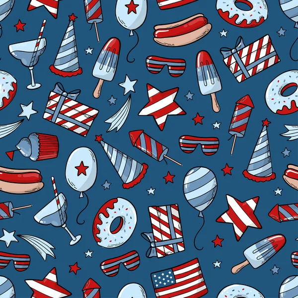 4 Temmuz, Amerikan karalamaları mavi arka planda kusursuz. Tekstil baskısı, ambalaj kağıdı, yapıştırma kitabı, kağıt, duvar kağıdı, süblimleşme, vs. EPS 10