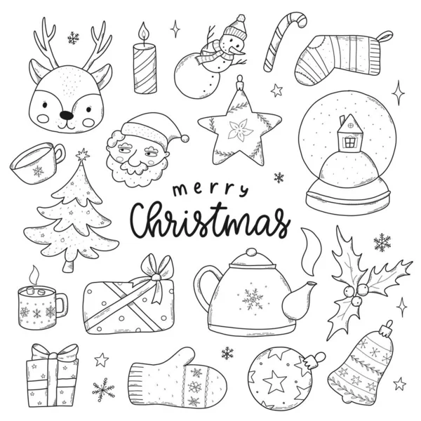 set of hand drawn monochrome Christmas doodles isolated on white background for coloring pages, prints, cards, labels, stickers, tags, icons, etc. EPS 10