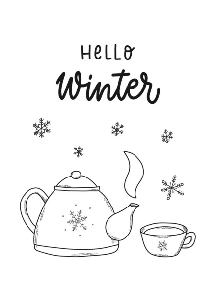 Lettering Quote Hello Winter Decorated Hand Drawn Kettle Cup Greeting — Stockvektor