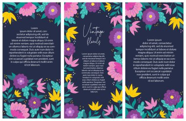 Dikey çiçek afişleri, şablonlar, baskılar, davetiyeler, mavi arkaplanda kopya alanı olan kartlar. EPS 10