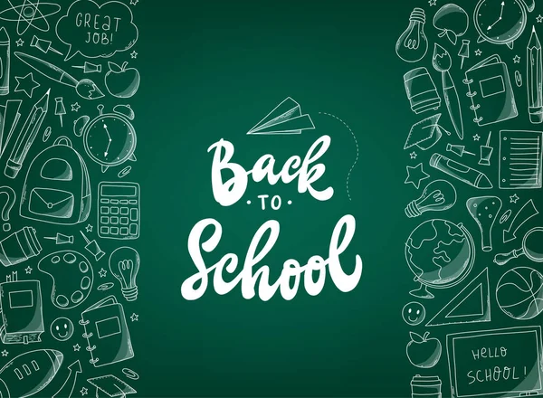 School Lettering Quote Decorated Sketched Doodles Green Chalkboard Background Good — Stockvector