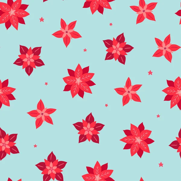 Christmas Seamless Pattern Red Flowers Poinsettia Blue Background Good Prints — Vector de stock