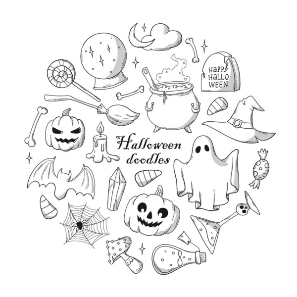 Set Hand Drawn Halloween Doodles Isolated White Background Good Coloring — Vettoriale Stock