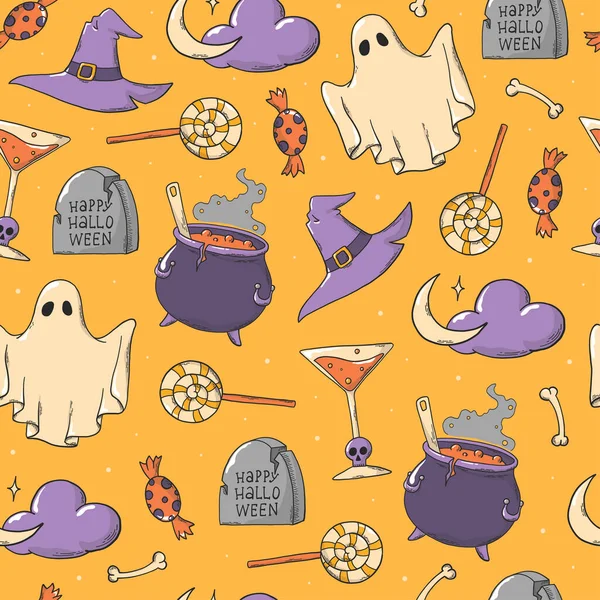 Halloween Seamless Pattern Hand Drawn Doodles Orange Background Good Prints — Vettoriale Stock