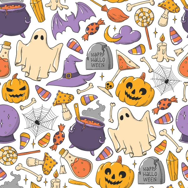 Halloween Seamless Pattern Wrapping Paper Hand Drawn Doodles Good Kids — Vettoriale Stock