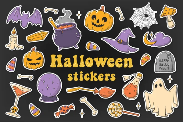 Set Halloween Doodles Stickers Clipart Pre Made Stickers White Border — Vettoriale Stock