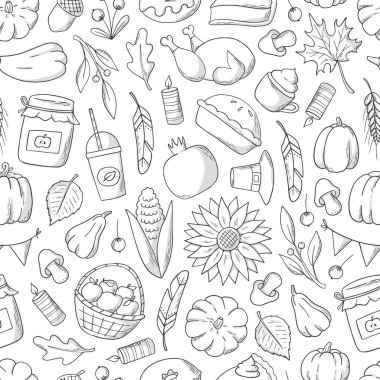 Şükran Günü monokrom desenli ve elle çizilmiş elementler. Paketleme, hatıra defteri, tekstil baskıları, çocuk boyama sayfaları, duvar kâğıdı, arka plan vs. için iyi. EPS 10