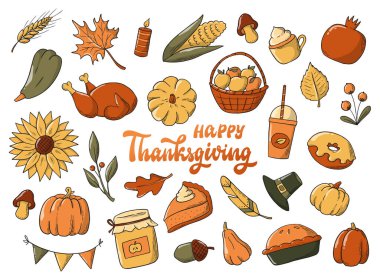 set of thanksgiving doodles and quotes isolated on white background. Good for stickers, labels, prints, signs, planners and organizers. EPS 10