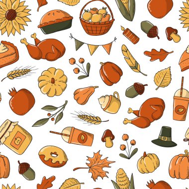 Thanksgiving seamless pattern with hand drawn doodles for wrapping paper, scrapbooking, textile prints, wallpaper, package, etc. EPS 10