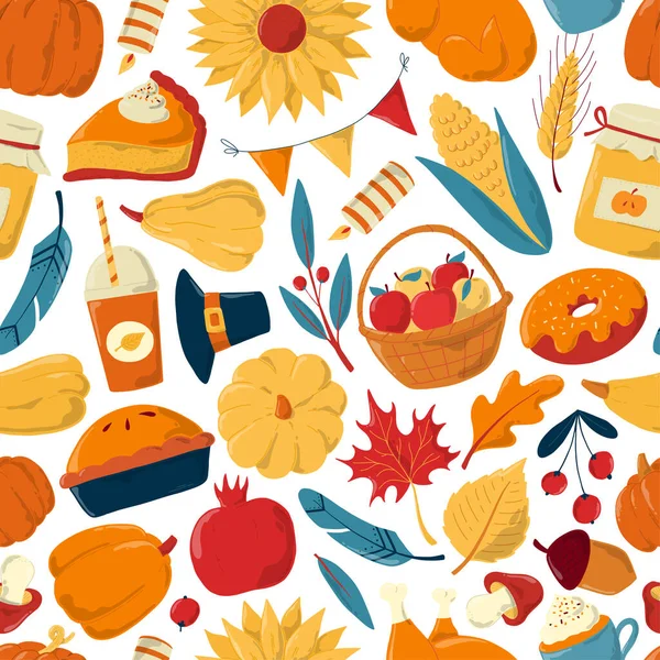 Thanksgiving seamless pattern with hand drawn elements for wrapping paper, scrapnooking, textile prints, wallpaper, backgrounds, table cloth, towels, packaging, etc. EPS 10