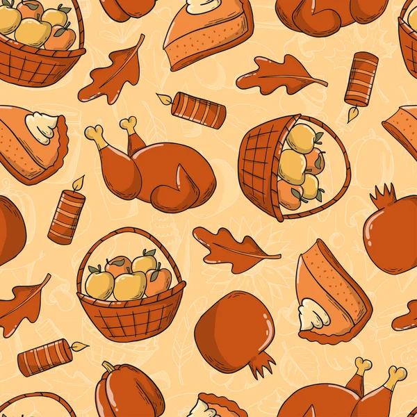 Бесшовный Рисунок Дня Благодарения Каракулями Оранжевом Фоне Хорошо Подходит Печати — стоковый вектор