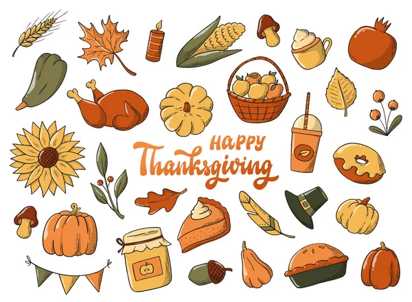 Set Thanksgiving Doodles Quotes Isolated White Background Good Stickers Labels — Stock Vector