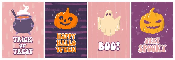 Set Halloween Cards Halloween Posters Groovy Quotes Doodles Invitations Prints — Vettoriale Stock