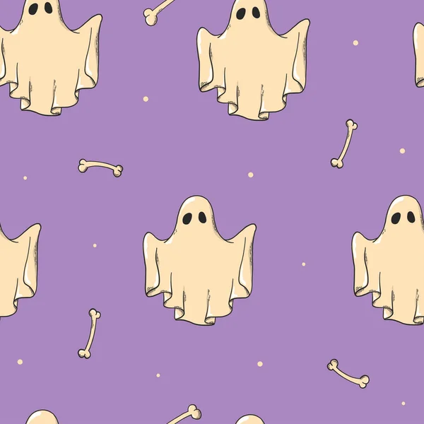 Halloween Seamless Pattern Hand Drawn Ghosts Bones Purple Background Wrapping — Vettoriale Stock