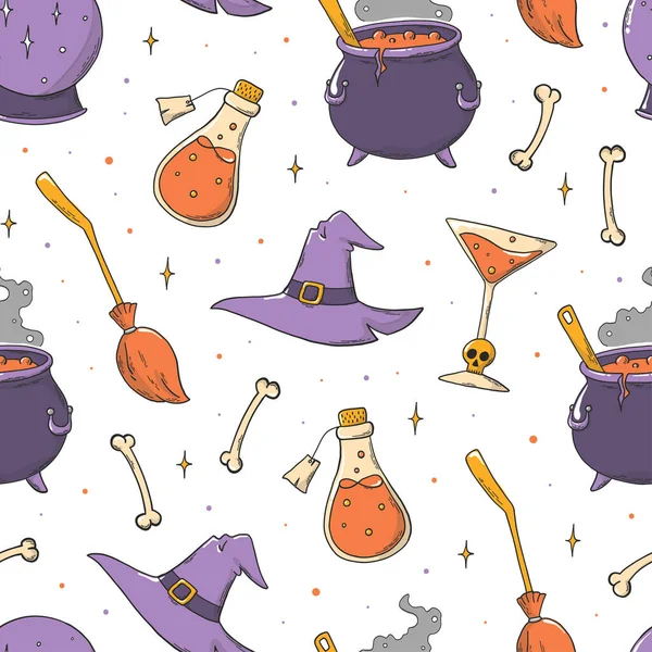 Paket kağıdı, ambalaj kağıdı, duvar kâğıdı, kırtasiye, çocuk tekstil baskıları vs. için çizilmiş karalamalarla Cadılar Bayramı kusursuz desen. EPS 10